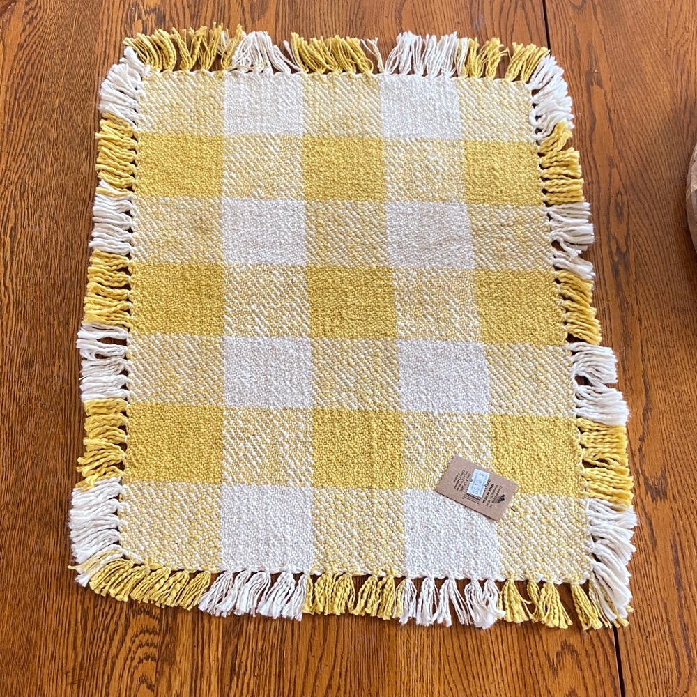 Yellow and White Checkered Fringe Rug